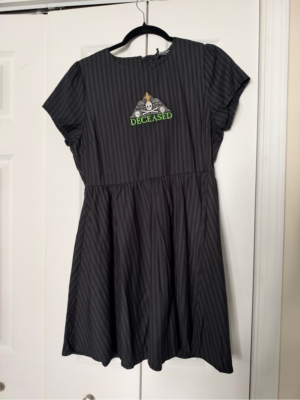 Disturbia Black Pinstripe Dress with Neon Green 'Deceased' Graphic
